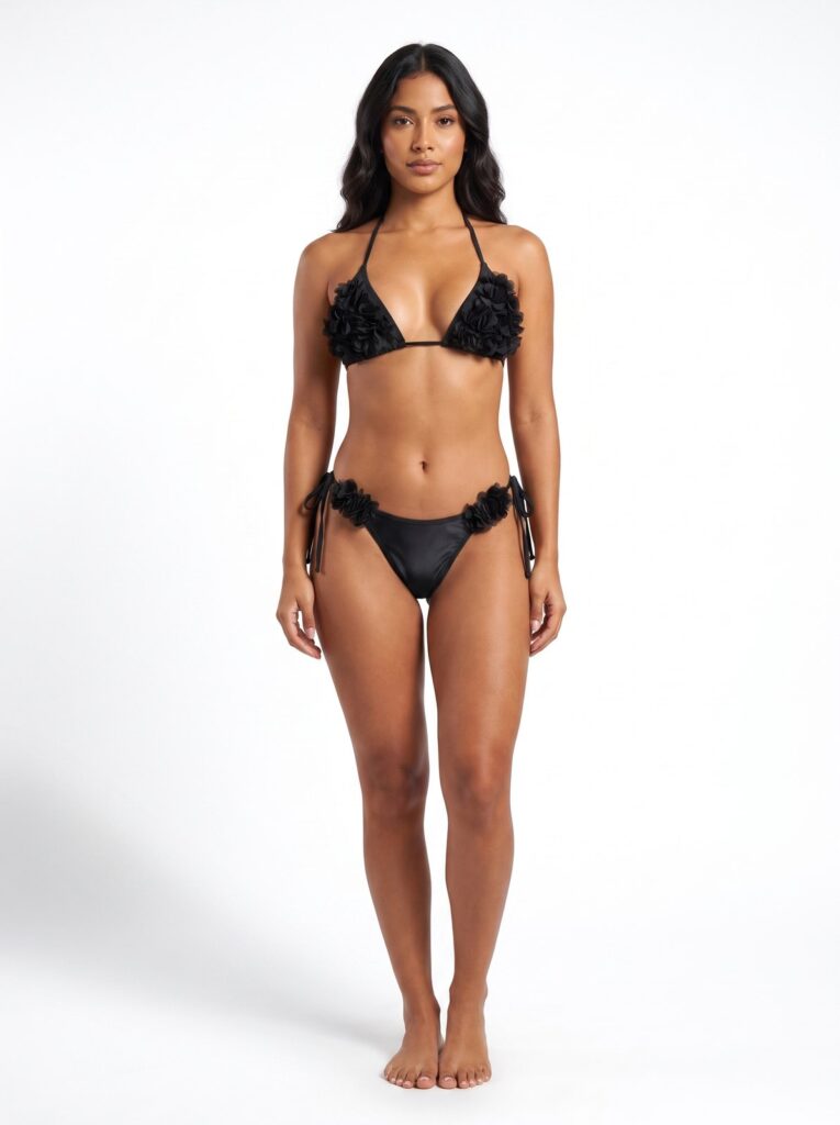 Bikini negro de 2 piezas con flores 3D — vista frontal